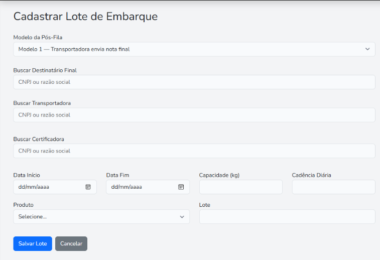 Cadastrar Lote de Embarque